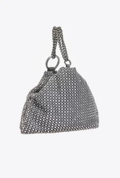 Sacs De Soirée|PINKO Mini Sac Triangle En Resille A Strass Argent-Vieil Argent
