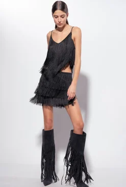 Jupes|PINKO Mini-Jupe A Franges Fines Noir Limousine