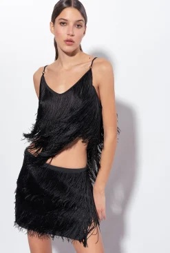 Jupes|PINKO Mini-Jupe A Franges Fines Noir Limousine