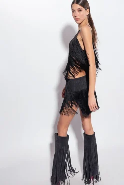 Jupes|PINKO Mini-Jupe A Franges Fines Noir Limousine