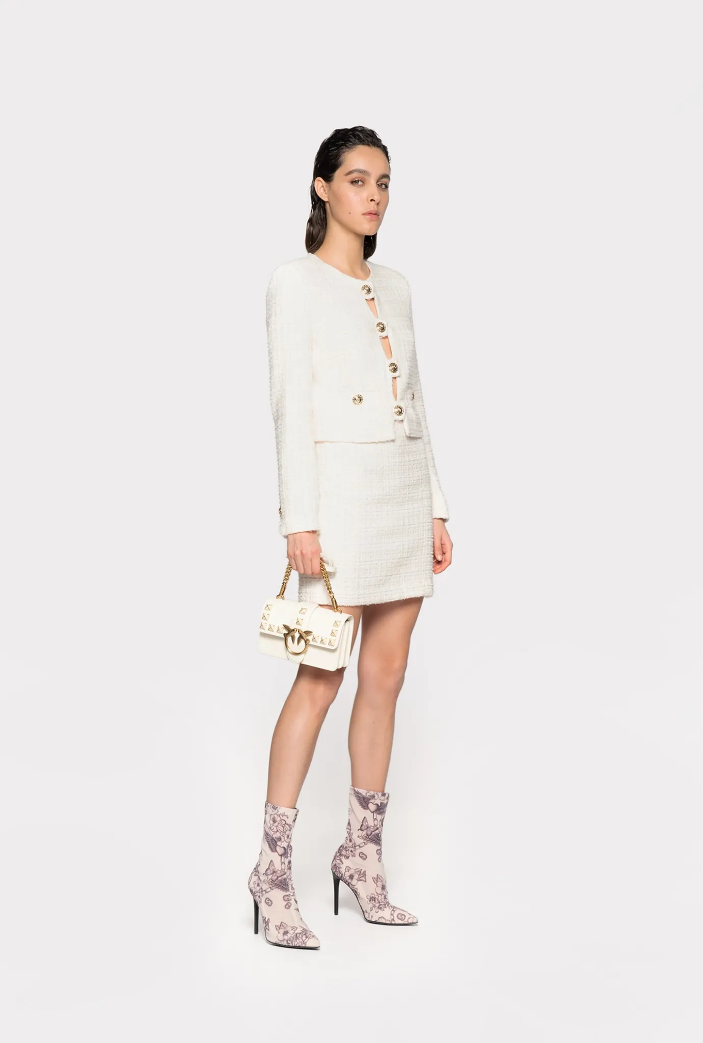 Jupes|PINKO Mini-Jupe En Tweed Fantaisie Rose Fume Blanc