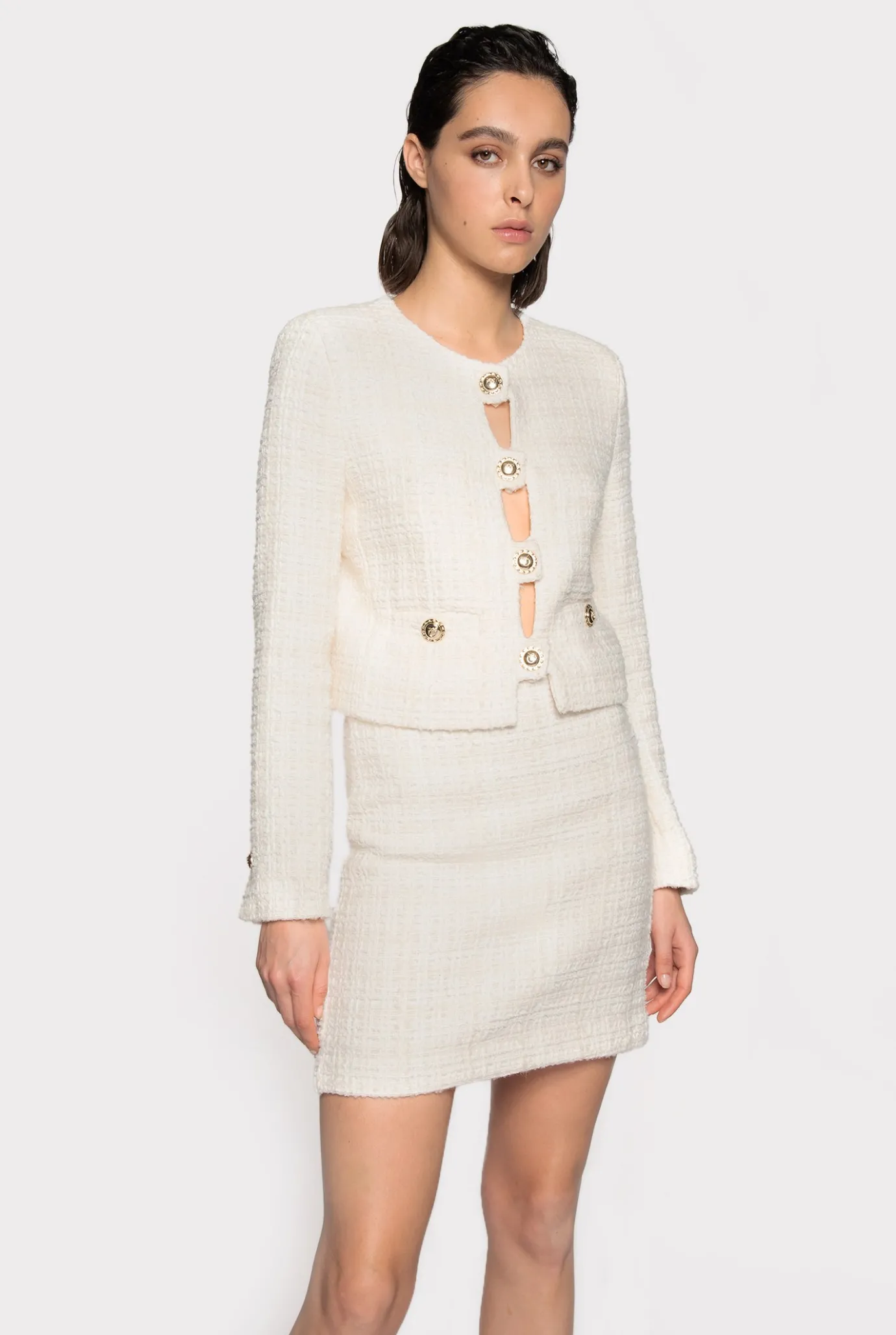 Jupes|PINKO Mini-Jupe En Tweed Fantaisie Rose Fume Blanc