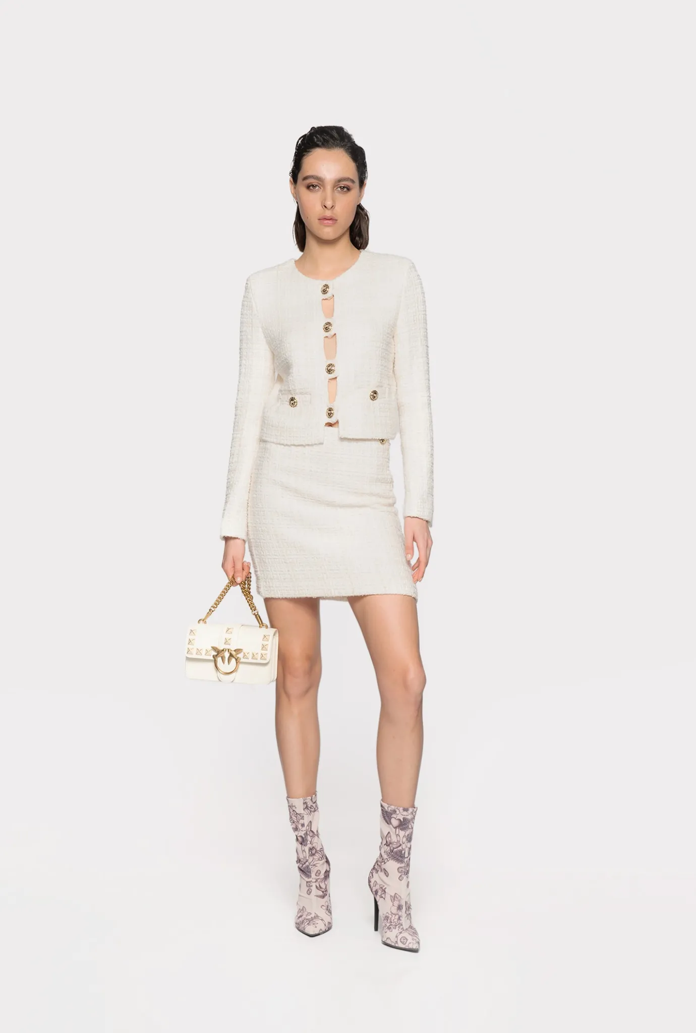 Jupes|PINKO Mini-Jupe En Tweed Fantaisie Rose Fume Blanc