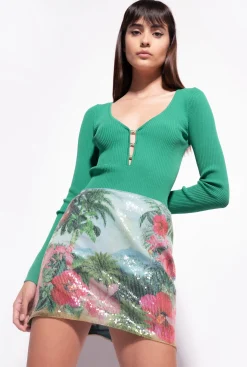 Jupes|PINKO Mini-Jupe Paysage Entierement Pailletee Mult. Vert/Rose