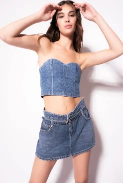 Jeans|PINKO Mini-Jupe-Culotte En Denim Delavage Vintage Fonce