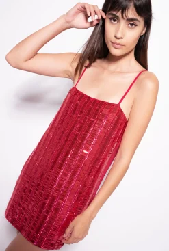 Robes|PINKO Mini-Robe A Paillettes Rectangulaires Rouge Framboise