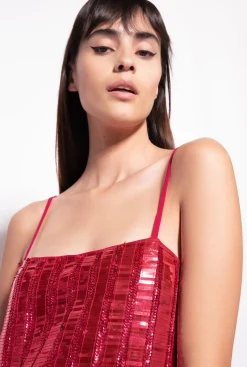 Robes|PINKO Mini-Robe A Paillettes Rectangulaires Rouge Framboise