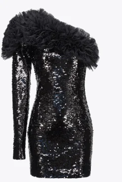 Robes|PINKO Mini-Robe Asymetrique Entierement Pailletee Noir Limousine