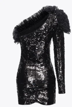 Robes|PINKO Mini-Robe Asymetrique Entierement Pailletee Noir Limousine