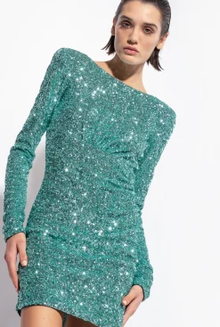 Robes|PINKO Mini-Robe Cache-Coeur Entierement Pailletee Vert Outremer