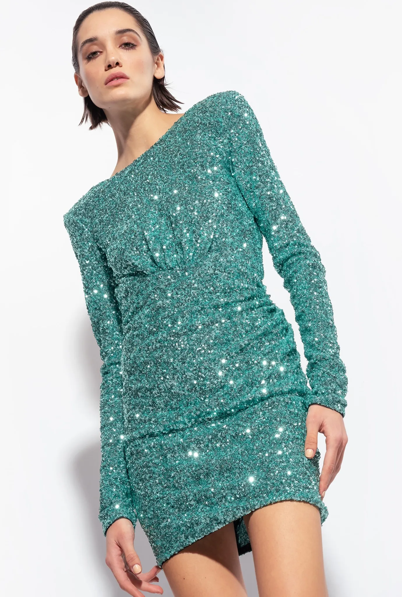 Robes|PINKO Mini-Robe Cache-Coeur Entierement Pailletee Vert Outremer