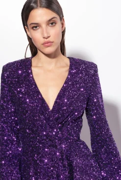 Robes|PINKO Mini-Robe Cache-Coeur Entierement Pailletee Violet Prisme