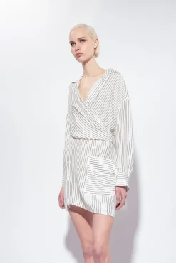 Robes|PINKO Mini-Robe Chemise A Rayures Blanc/Noir