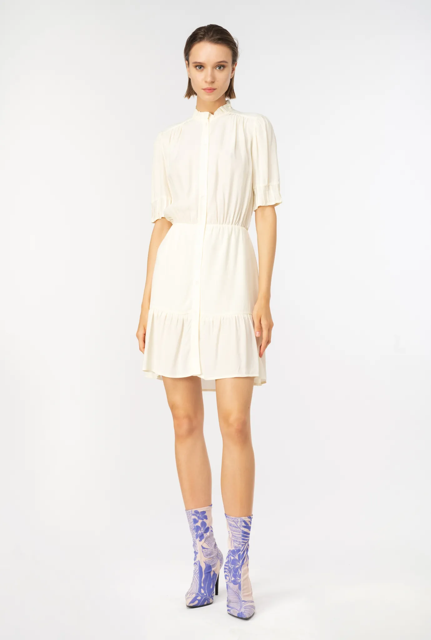 Robes|PINKO Mini-Robe Chemise En Crepe Marocain Blanc Meringue