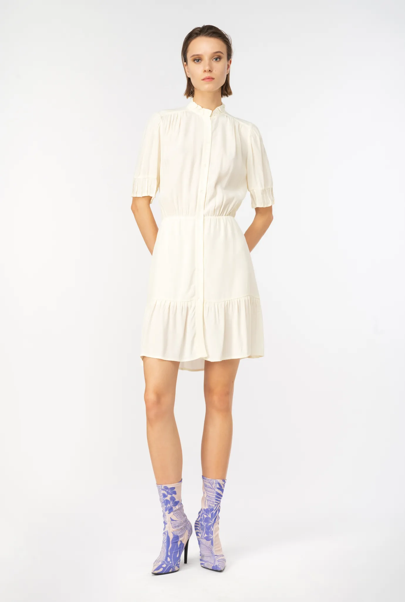 Robes|PINKO Mini-Robe Chemise En Crepe Marocain Blanc Meringue