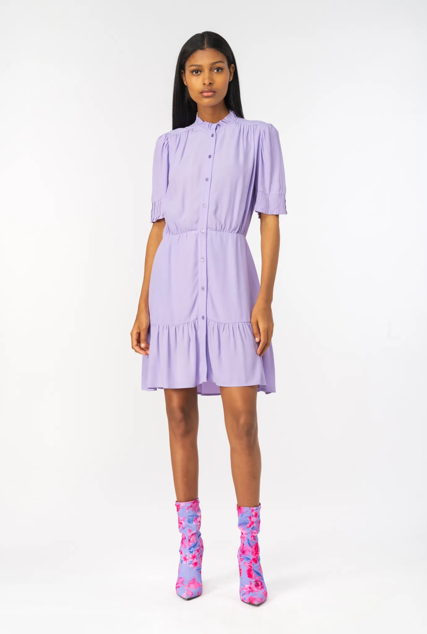 Robes|PINKO Mini-Robe Chemise En Crepe Marocain Violet Tulipe