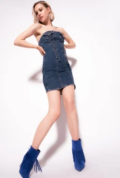Tailleurs Et Ensembles|PINKO Mini-Robe En Denim A Lacets Delavage Vintage Moyen/Clair