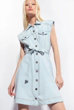 Robes|PINKO Mini-Robe En Denim Leger Vintage Delavage Bleach Moyen