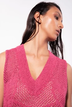 Robes|PINKO Mini-Robe En Maille Filet Rouge Framboise