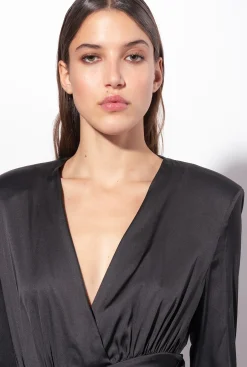 Robes|PINKO Mini-Robe En Satin Stretch Noir Limousine
