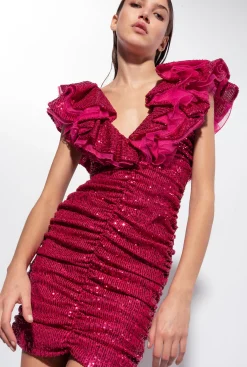 Robes|PINKO Mini-Robe Entierement Pailletee Fuchsia/Gris