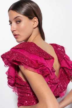 Robes|PINKO Mini-Robe Entierement Pailletee Fuchsia/Gris