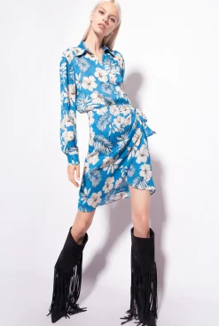 Robes|PINKO Mini-Robe Fleur Graphique Turquoise/Beurre/Noir