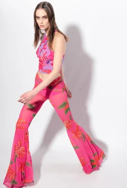 Pantalons|PINKO Pantalon A Fleurs Semi-Transparent Mult. Fuchsia/Rouge
