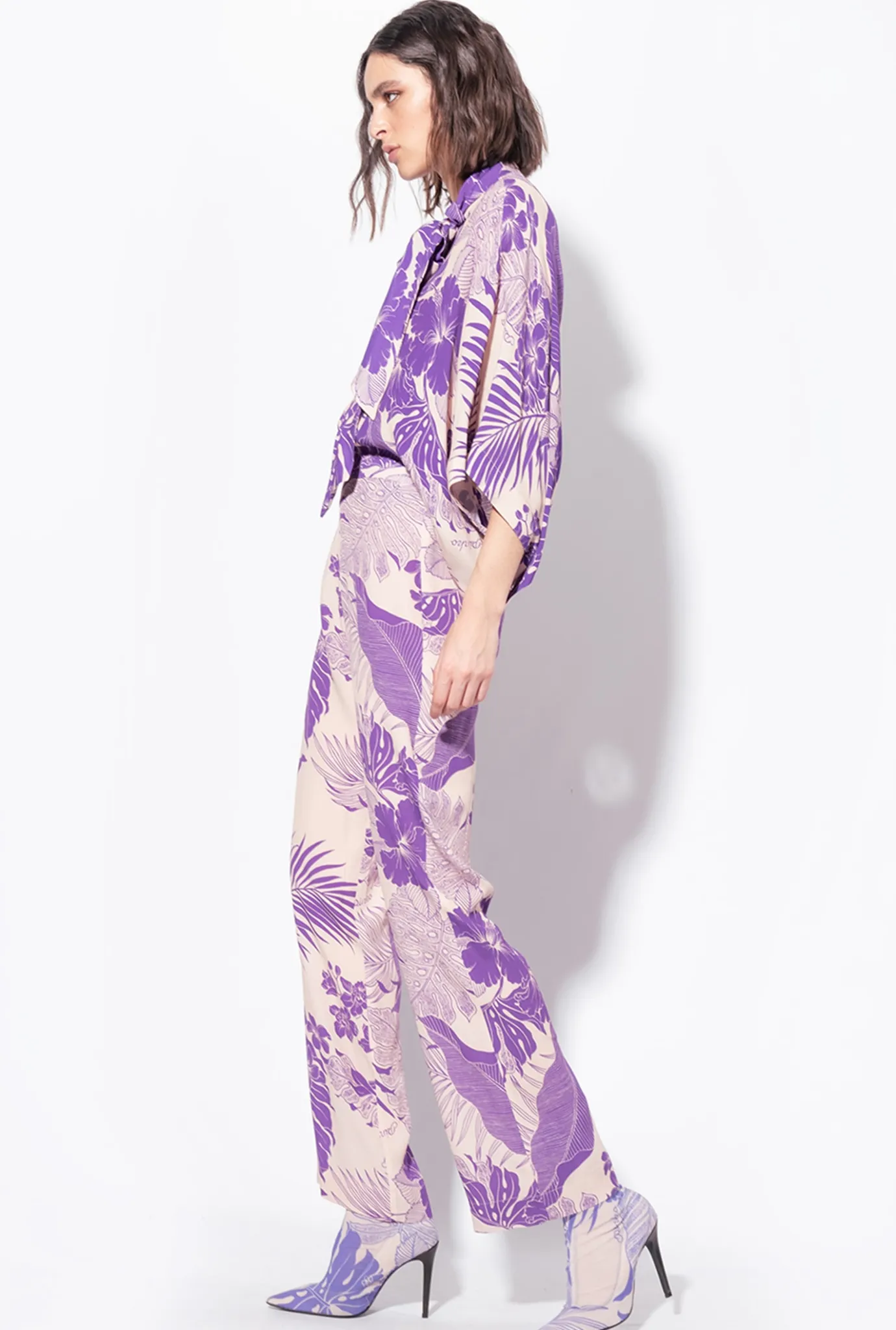 Tailleurs Et Ensembles|PINKO Pantalon A Imprime Tropical Nude/Violet