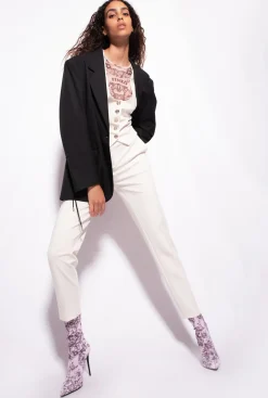 Tailleurs Et Ensembles|PINKO Pantalon Ajuste A Ceinture Love Birds Rose Fume Blanc