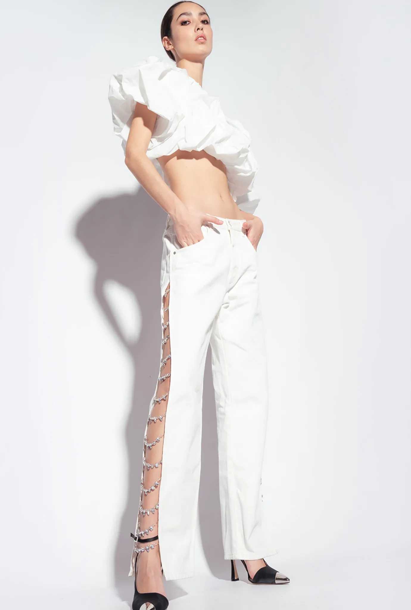 Jeans|PINKO Pantalon Avec Chaines En Strass Galleria Blanc Casse