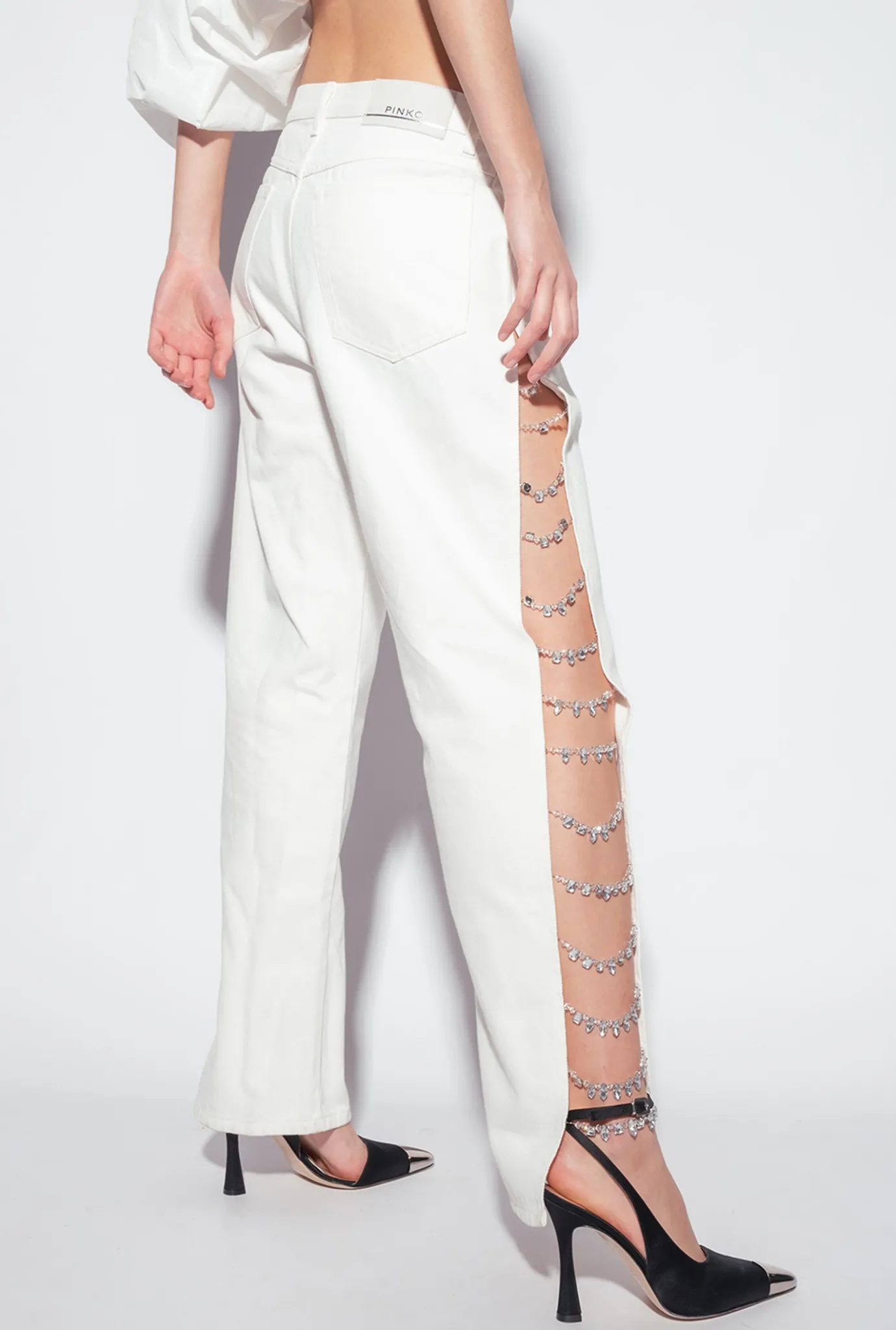 Jeans|PINKO Pantalon Avec Chaines En Strass Galleria Blanc Casse