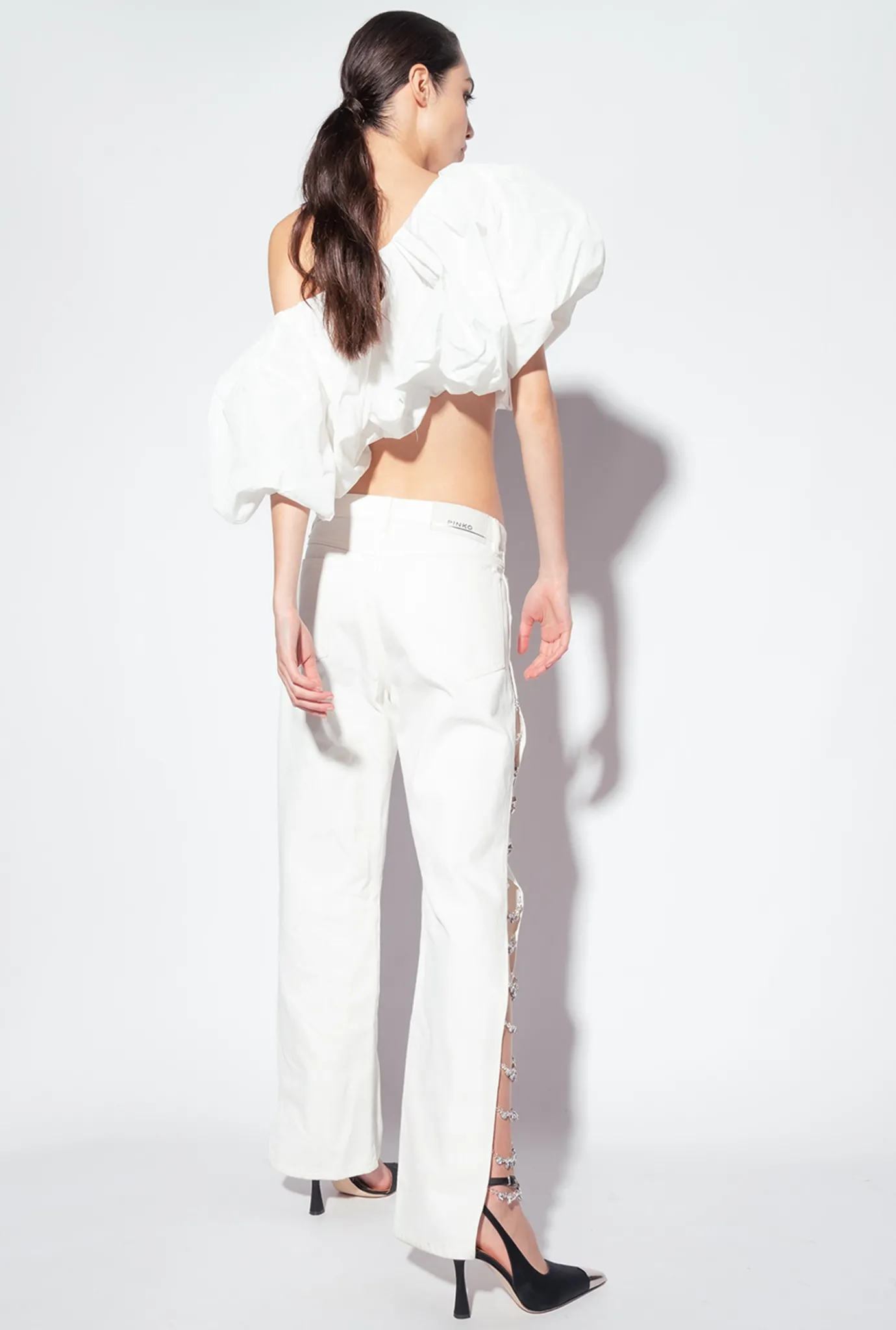 Jeans|PINKO Pantalon Avec Chaines En Strass Galleria Blanc Casse
