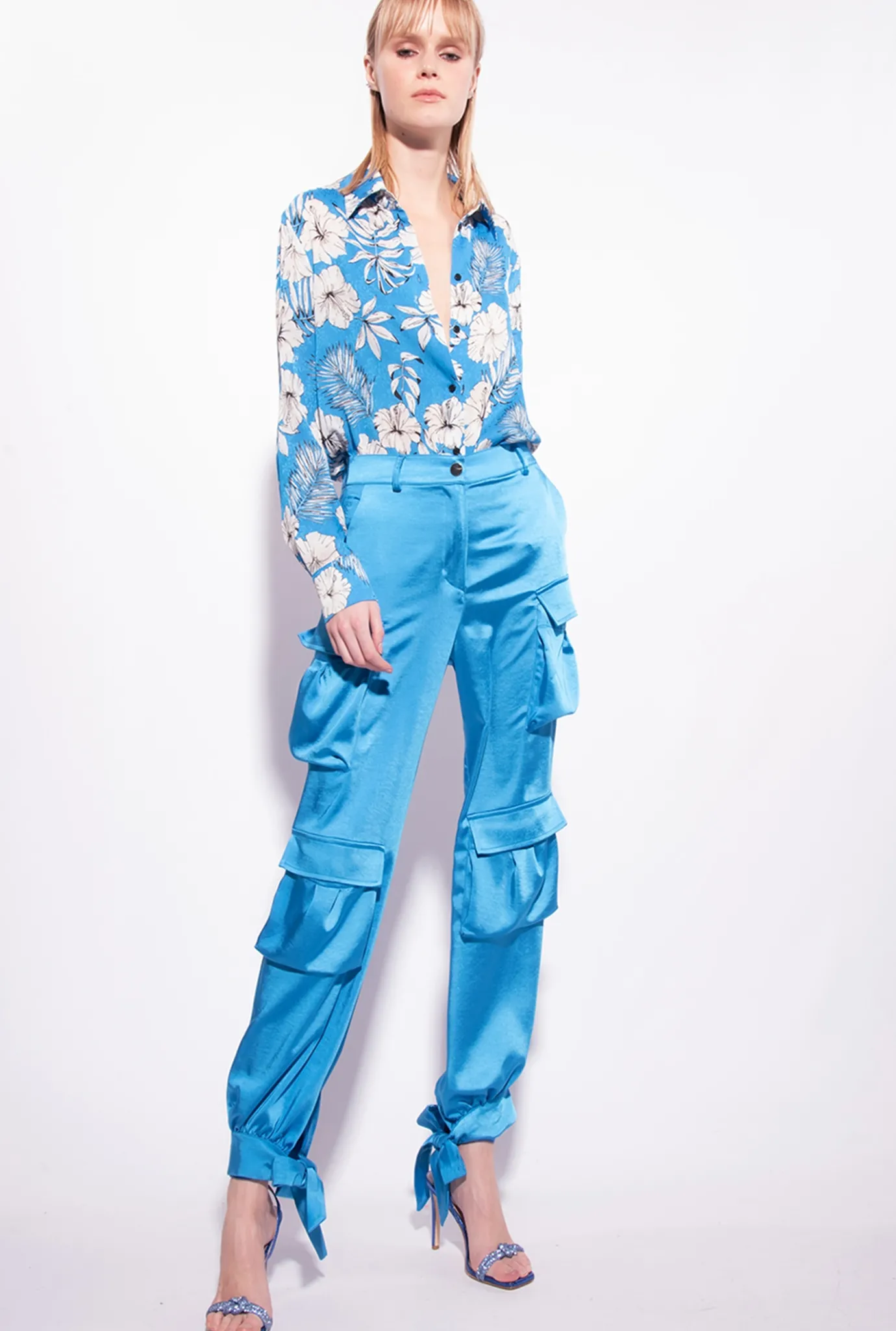 Tailleurs Et Ensembles|PINKO Pantalon Cargo En Satin Bleu Directoire