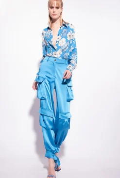 Tailleurs Et Ensembles|PINKO Pantalon Cargo En Satin Bleu Directoire