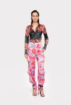 Pantalons|PINKO Pantalon Cargo En Satin A Imprime Floral Tropical Lilas/Rose Clair/Fuchsia