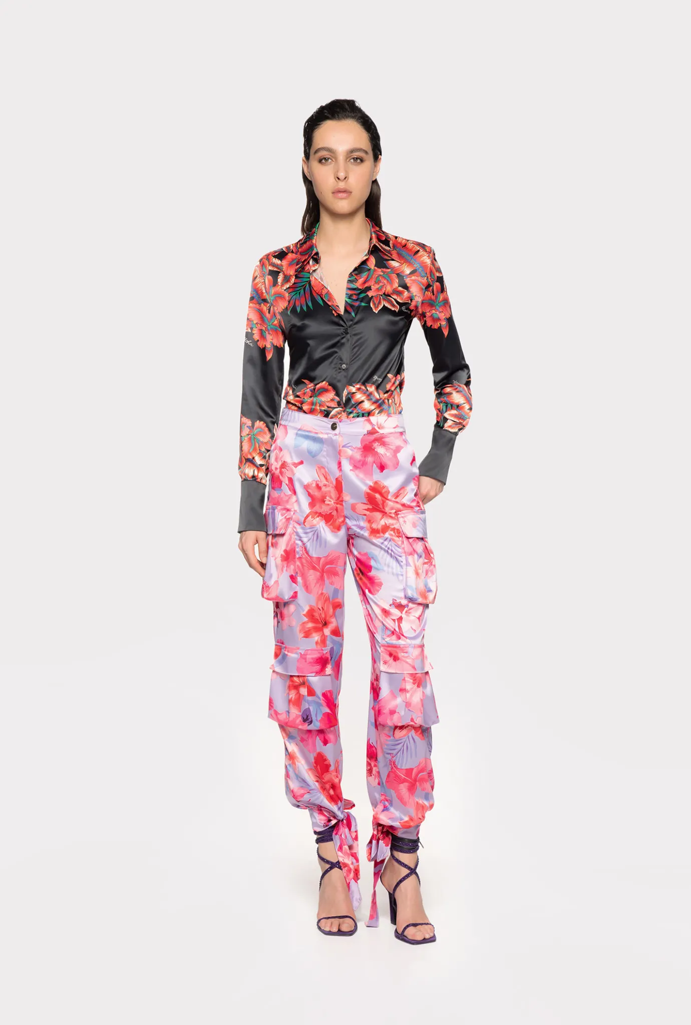 Pantalons|PINKO Pantalon Cargo En Satin A Imprime Floral Tropical Lilas/Rose Clair/Fuchsia