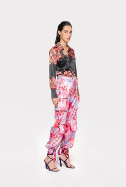 Pantalons|PINKO Pantalon Cargo En Satin A Imprime Floral Tropical Lilas/Rose Clair/Fuchsia