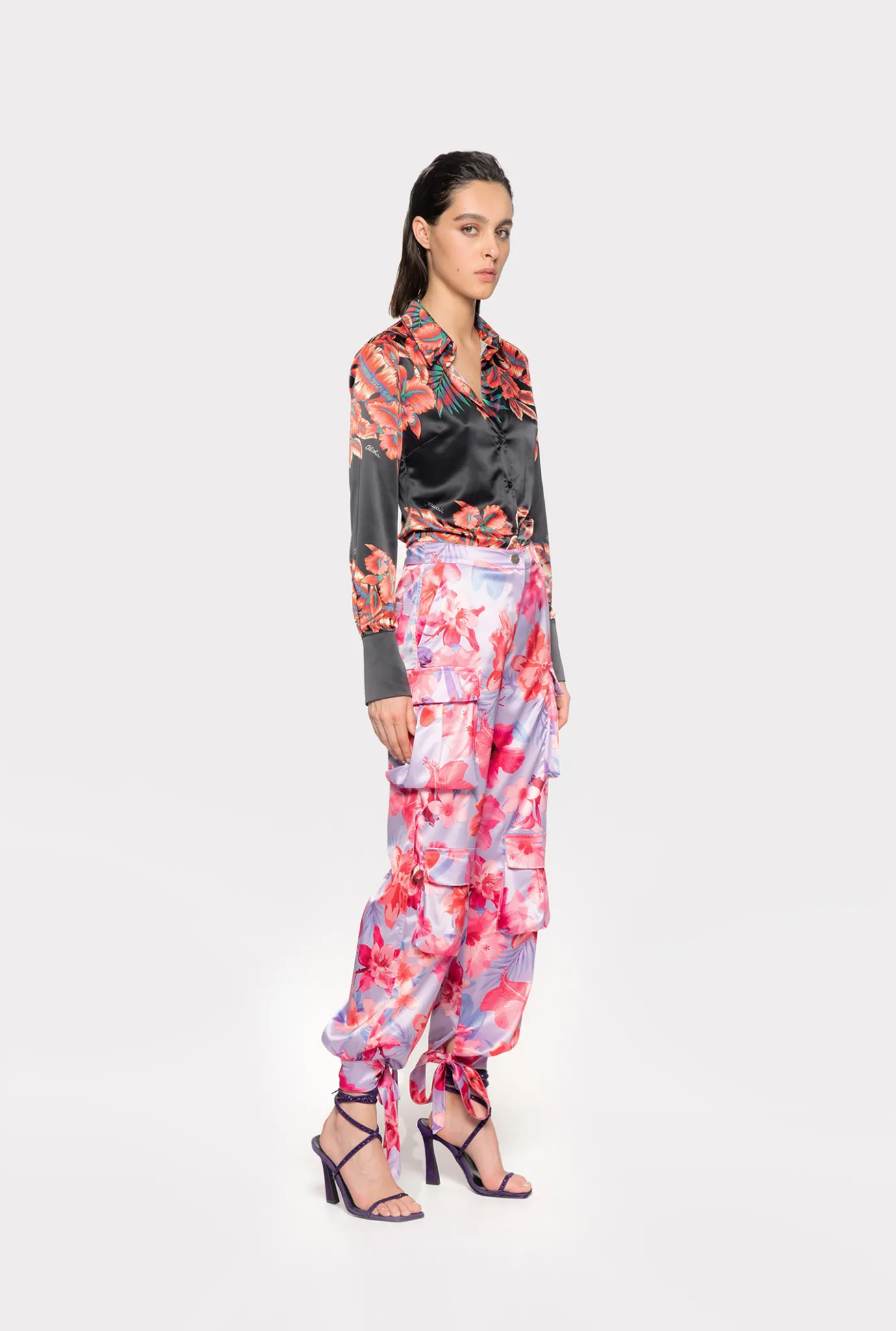 Pantalons|PINKO Pantalon Cargo En Satin A Imprime Floral Tropical Lilas/Rose Clair/Fuchsia