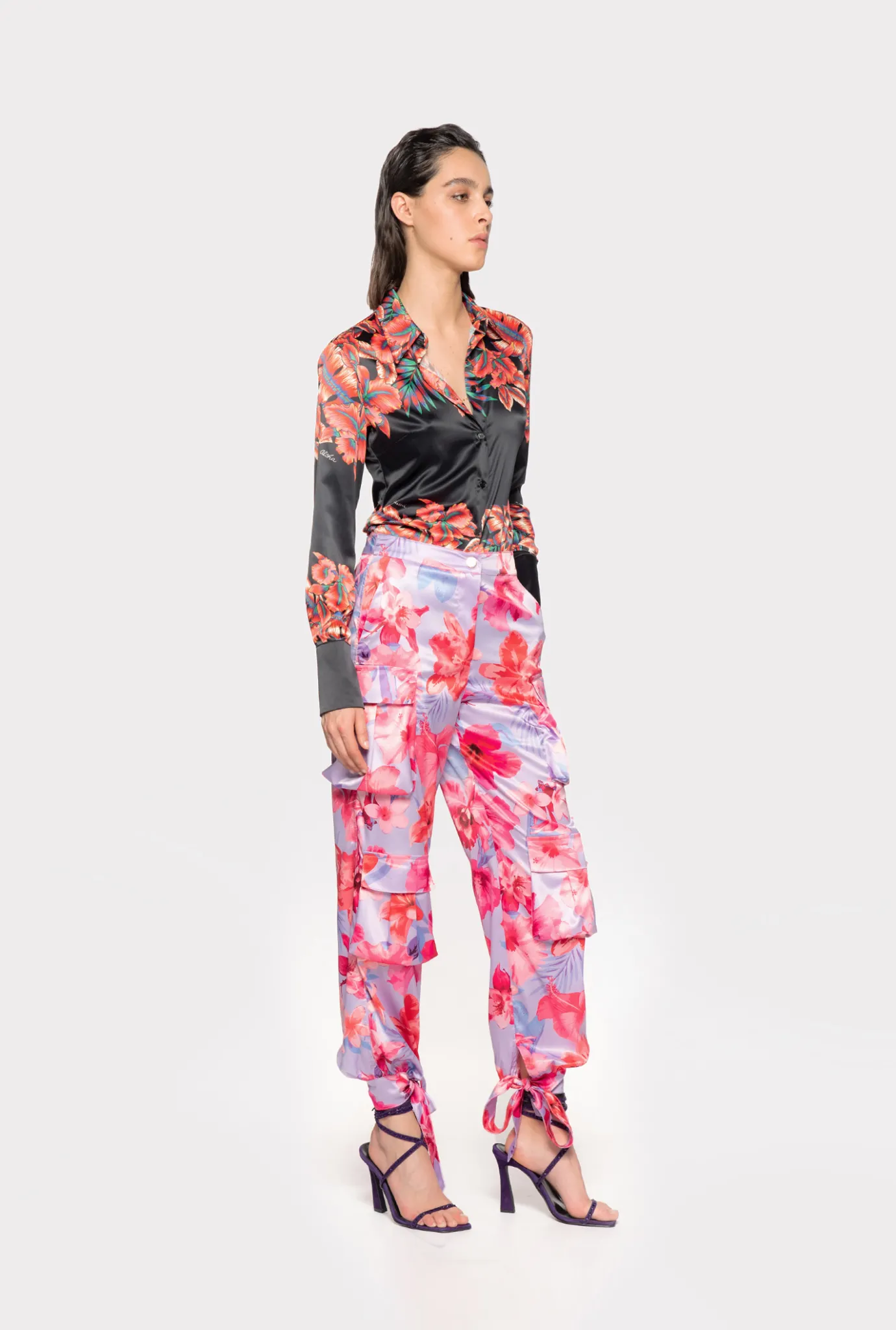 Pantalons|PINKO Pantalon Cargo En Satin A Imprime Floral Tropical Lilas/Rose Clair/Fuchsia
