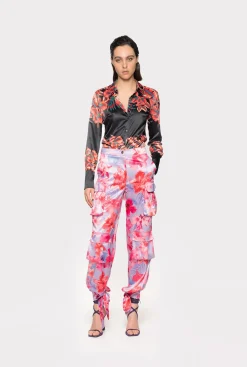 Pantalons|PINKO Pantalon Cargo En Satin A Imprime Floral Tropical Lilas/Rose Clair/Fuchsia