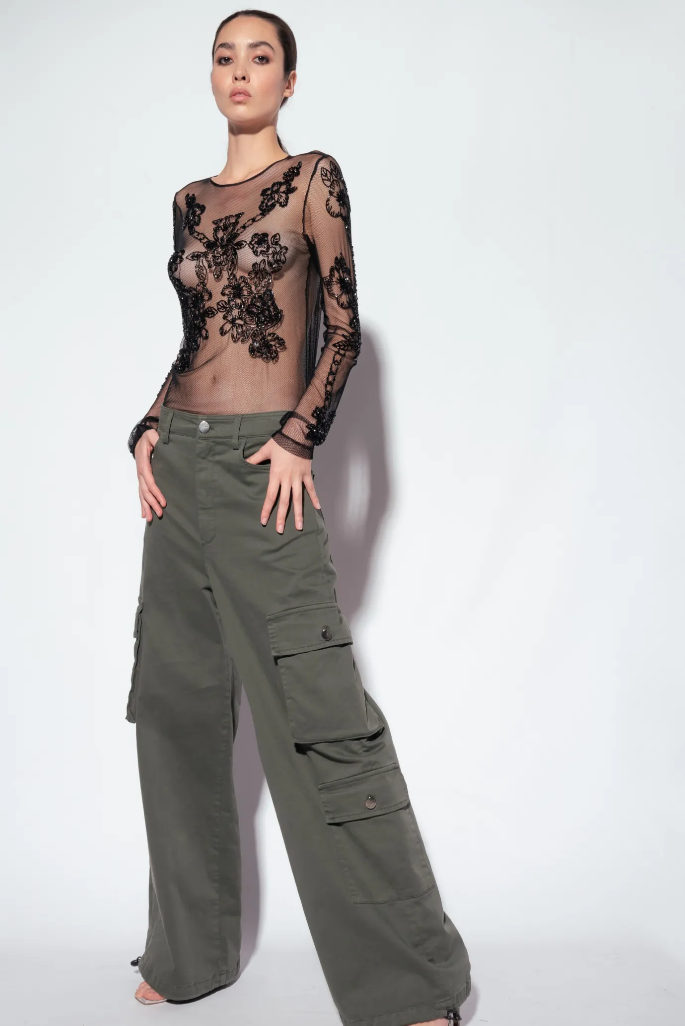 Pantalons|PINKO Pantalon Cargo Oversize Gris-Vert