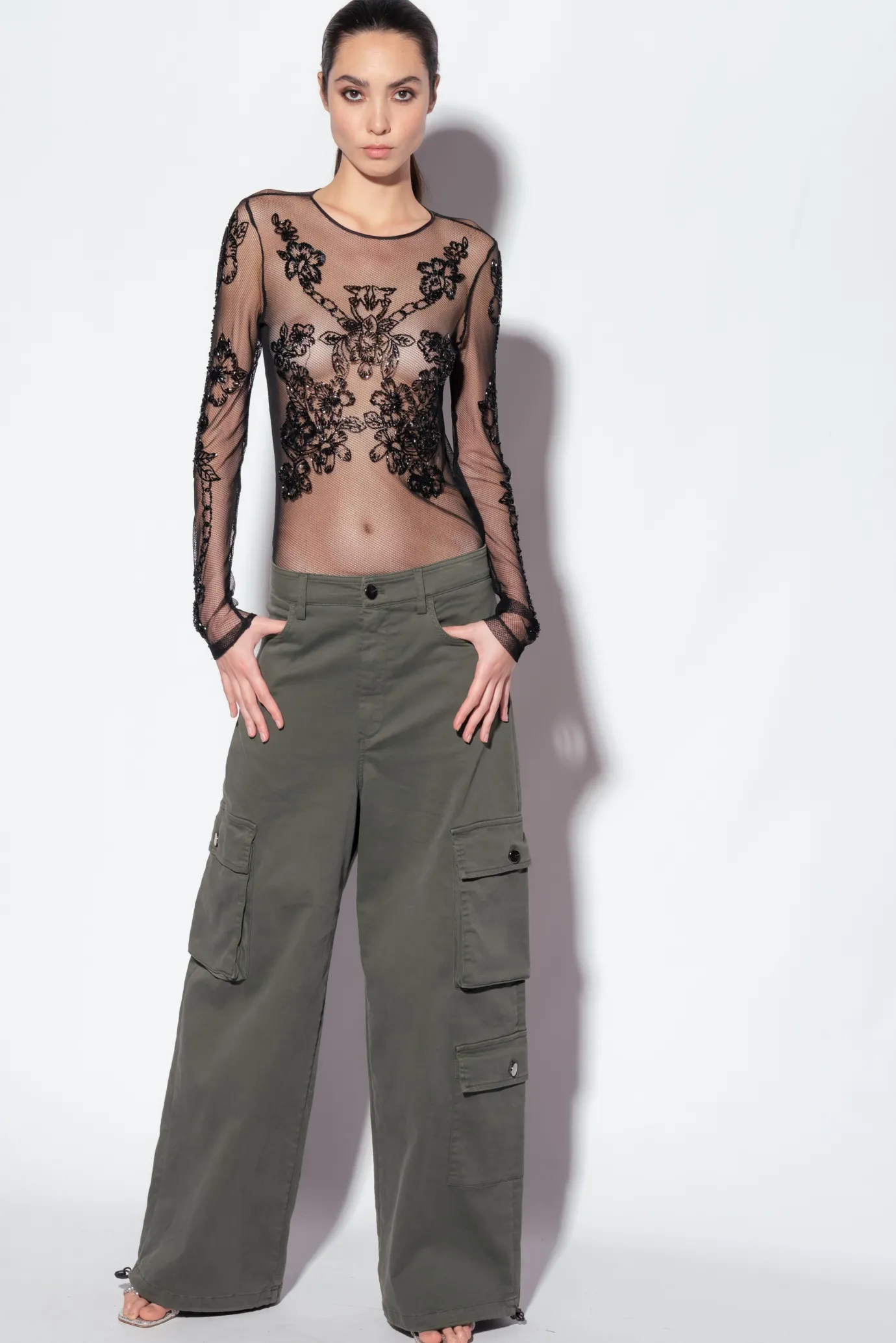 Pantalons|PINKO Pantalon Cargo Oversize Gris-Vert