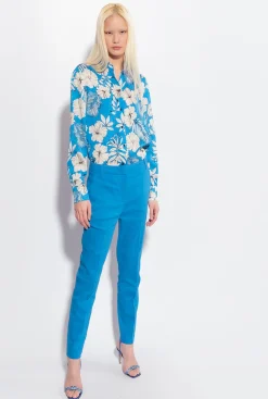 Tailleurs Et Ensembles|PINKO Pantalon Cigarette En Lin Stretch Bleu Directoire