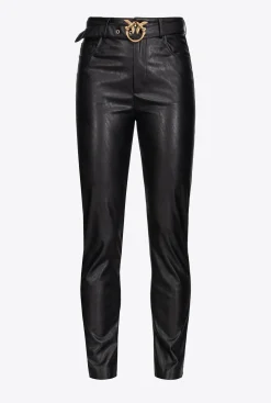 Pantalons|PINKO Pantalon Effet Cuir Avec Ceinture Love Birds Noir Limousine