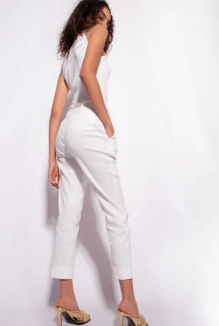 Tailleurs Et Ensembles|PINKO Pantalon En Lin Avec Ceinture Love Birds Blanc Nimbus