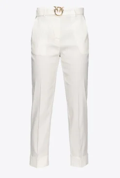 Tailleurs Et Ensembles|PINKO Pantalon En Lin Avec Ceinture Love Birds Blanc Nimbus