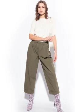 Pantalons|PINKO Pantalon En Mousseline De Coton Vert Canon De Fusil