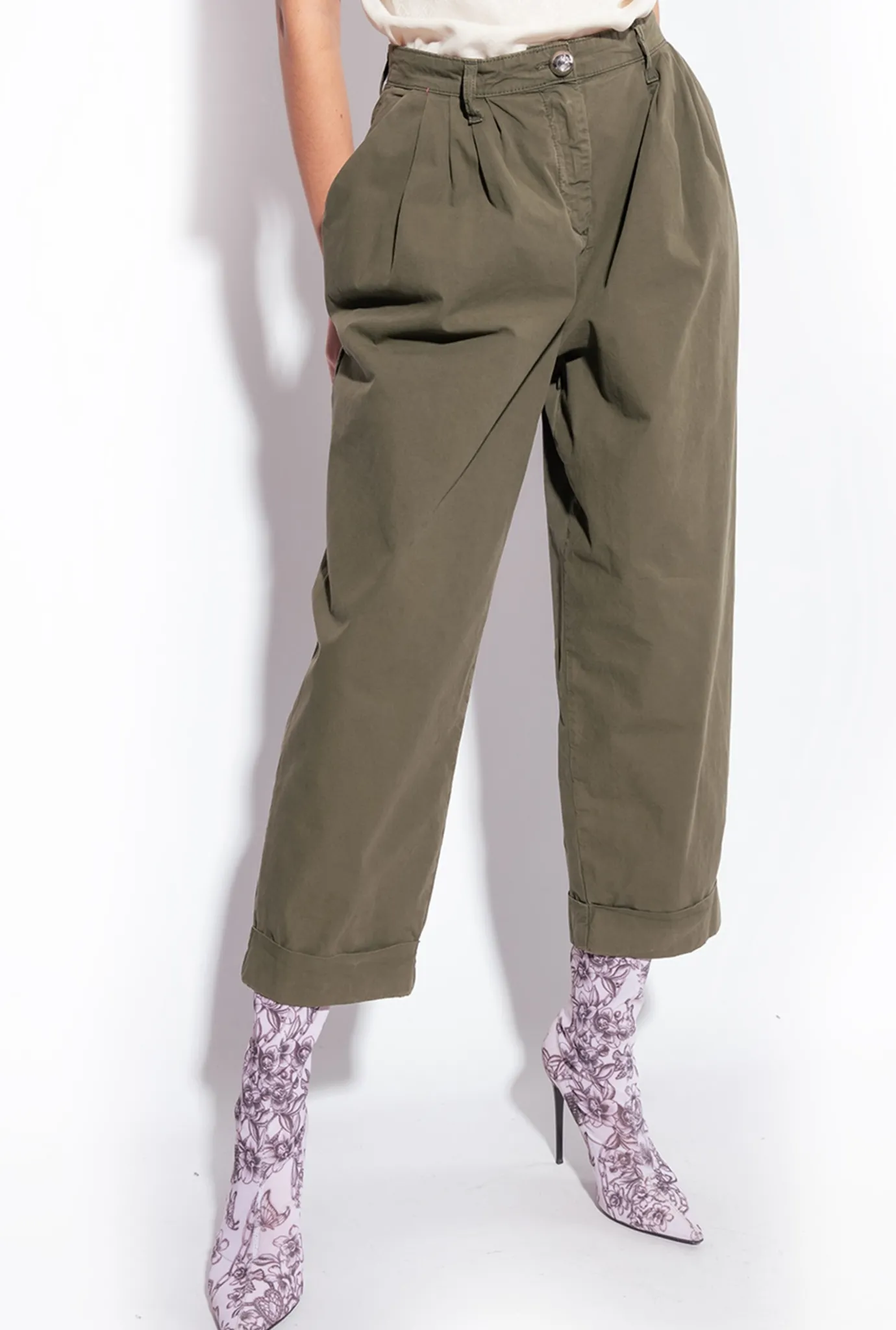 Pantalons|PINKO Pantalon En Mousseline De Coton Vert Canon De Fusil