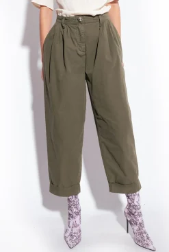 Pantalons|PINKO Pantalon En Mousseline De Coton Vert Canon De Fusil